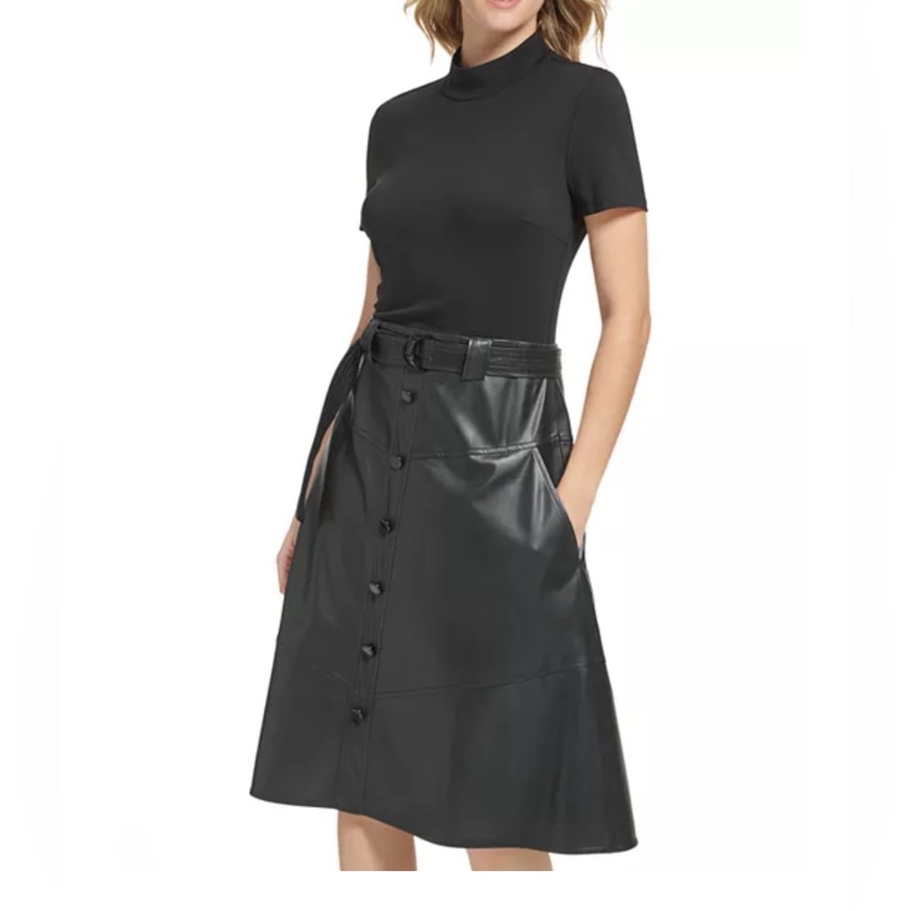 KARL LAGERFELD PARIS JERSEY & FAUX LEATHER COMBO DRESS
